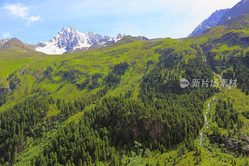 瀑布和雄伟的Kaunertal南蒂罗尔雪峰山脉全景和田园诗般的Otztal Tirol山谷从上面，奥地利